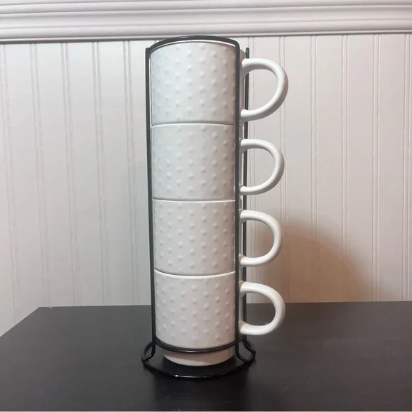 Market Finds White Hobnail Stacking Mugs Set of 4 with Black Metal Storage Stand - Picture 10 of 10